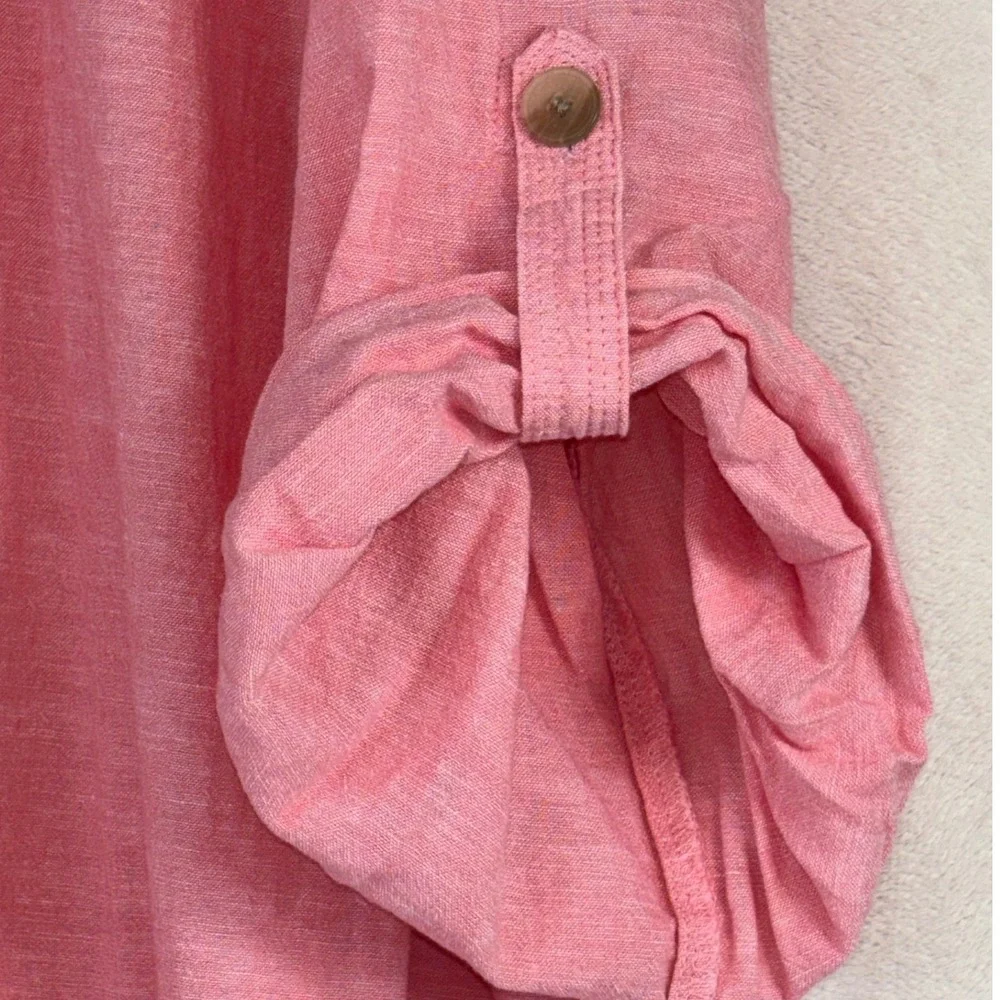 CATHERINES Linen Button Down Shirt Pink Long Sleeve Womens Pink‎ Cotton 3/4 3X